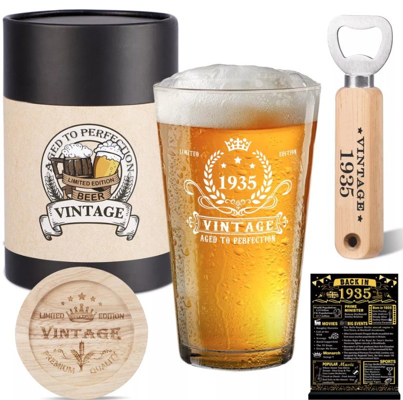 Vintage 1935 beer gift set for seniors with pint glass, wooden bottle opener, coaster, gift tube, and Back in 1935 fact card