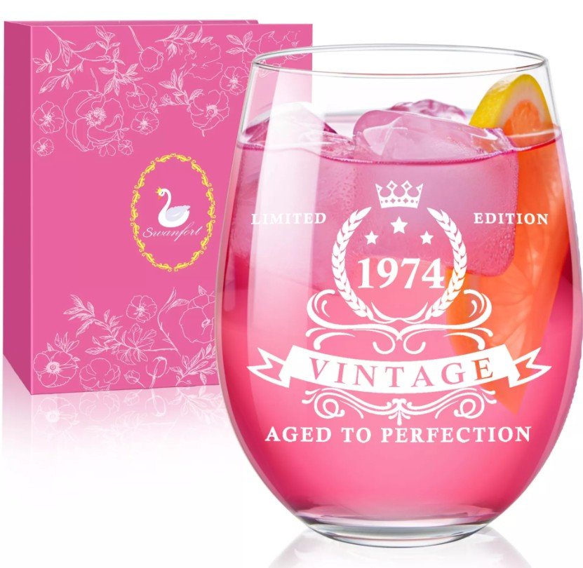 Vintage 1974 wine glass gift set with elegant presentation gift box for women